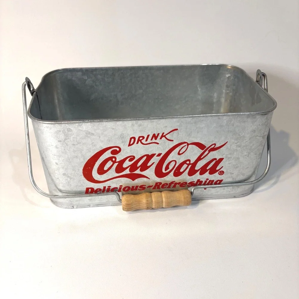 Coca-Cola Galvanized Metal Ice Bucket Tub with Wood Handle Vintage Style 9 inch